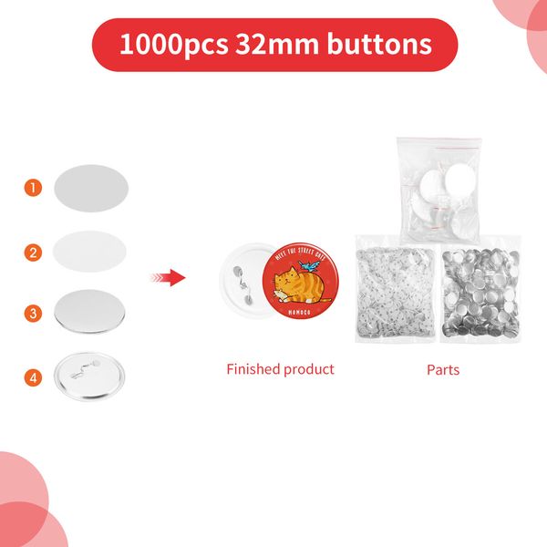 Button Badge Maker Machine Kit DIY Pin Press 32mm 1000 Buttons Making Supplies Paper Cutter Metal Shell Pin Back Clear Cover PVC Film