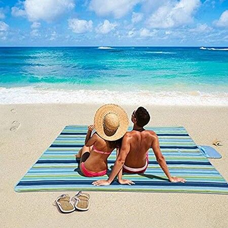 Beach Blanket Outdoor Picnic Blanket Mat 200x145cm Lightweight Folding Camping Portable Travel   Blue Line