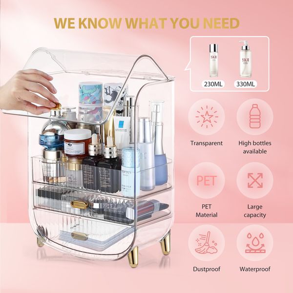 Makeup Storage Organiser Cosmetics Case Large Holder Jewellery Box Vanity Drawers Organizer Stand Transparent Portable 28.5x19x36cm