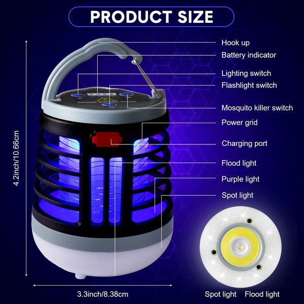 Bug Zapper USB Rechargeable Mosquito Killer Portable Waterproof LED Lantern Camp Light for Home Camping Backyard Patio-Black