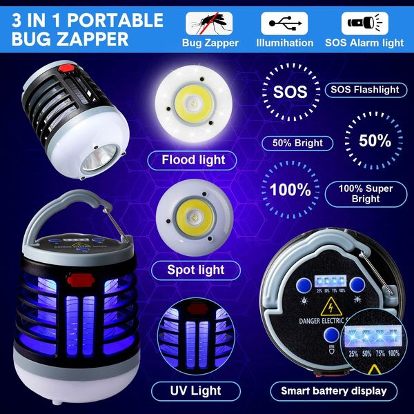 Bug Zapper USB Rechargeable Mosquito Killer Portable Waterproof LED Lantern Camp Light for Home Camping Backyard Patio-Black