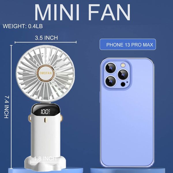 Mini Handheld Portable Hanging Neck Fan Adjustable USB Rechargeable with 5 Speed for Home Office Travel (3000mAh-White)