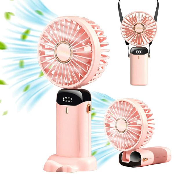 Mini Handheld Portable Hanging Neck Fan Adjustable USB Rechargeable with 5 Speed for Home Office Travel (5000mAh-Pink)