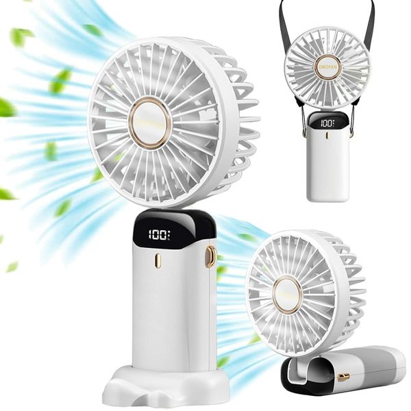 Mini Handheld Portable Hanging Neck Fan Adjustable USB Rechargeable with 5 Speed for Home Office Travel (5000mAh-White)