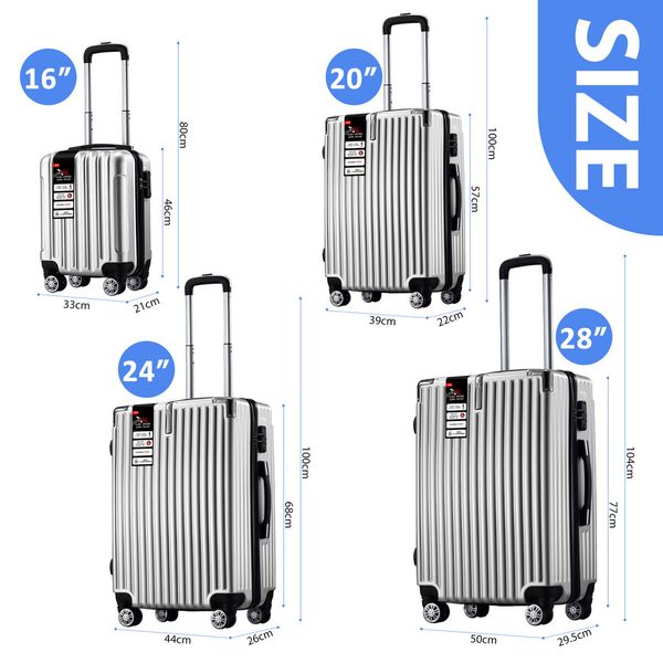 4 Piece Carry On Luggage Set Suitcases Hard Shell Traveller Bag Rolling Trolley Checked TSA Lock Front Hook Lightweight Silver