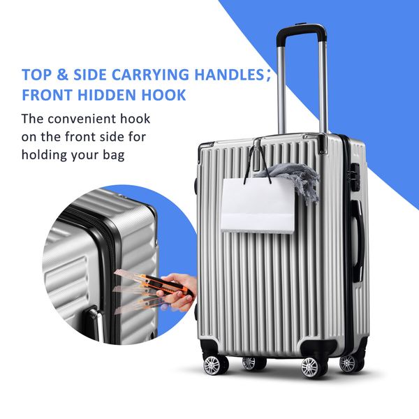 4 Piece Carry On Luggage Set Suitcases Hard Shell Traveller Bag Rolling Trolley Checked TSA Lock Front Hook Lightweight Silver