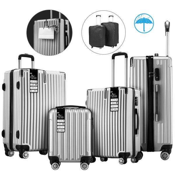 4 Piece Carry On Luggage Set Suitcases Hard Shell Traveller Bag Rolling Trolley Checked TSA Lock Front Hook Lightweight Silver