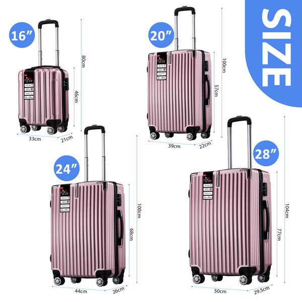 4 Piece Luggage Set Carry On Traveller Suitcases Hard Shell Rolling Trolley Checked Bag TSA Lock Front Hook Lightweight Rose Gold 