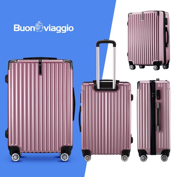 4 Piece Luggage Set Carry On Traveller Suitcases Hard Shell Rolling Trolley Checked Bag TSA Lock Front Hook Lightweight Rose Gold 