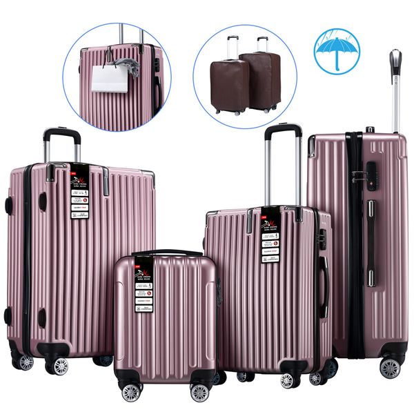 4 Piece Luggage Set Carry On Traveller Suitcases Hard Shell Rolling Trolley Checked Bag TSA Lock Front Hook Lightweight Rose Gold 