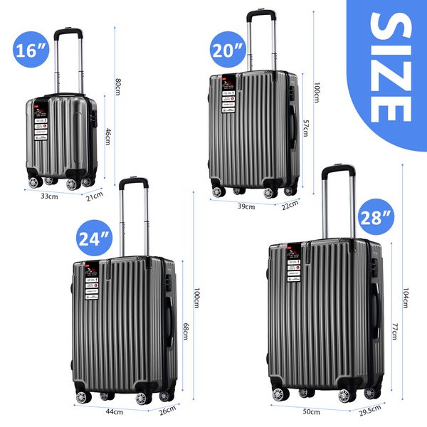 Luggage Suitcase Set 4 Piece Hard Shell Traveller Bag Carry On Rolling Trolley Checked TSA Lock Front Hook Lightweight Iron Grey