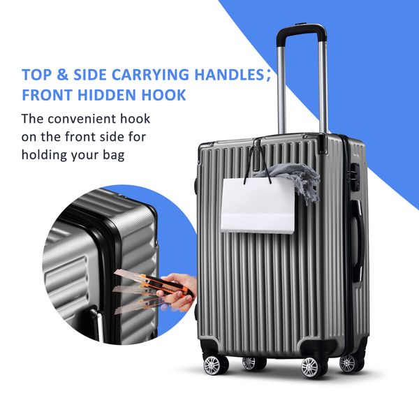 Luggage Suitcase Set 4 Piece Hard Shell Traveller Bag Carry On Rolling Trolley Checked TSA Lock Front Hook Lightweight Iron Grey