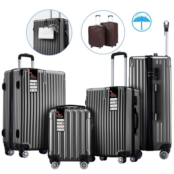 Luggage Suitcase Set 4 Piece Hard Shell Traveller Bag Carry On Rolling Trolley Checked TSA Lock Front Hook Lightweight Iron Grey