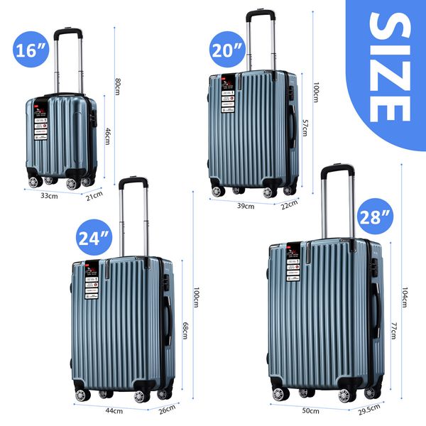 4 Piece Luggage Suitcase Set Carry On Traveller Bag Hard Shell Rolling Trolley Checked TSA Lock Front Hook Lightweight Ice Blue