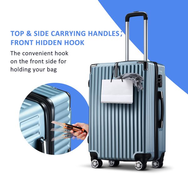 4 Piece Luggage Suitcase Set Carry On Traveller Bag Hard Shell Rolling Trolley Checked TSA Lock Front Hook Lightweight Ice Blue