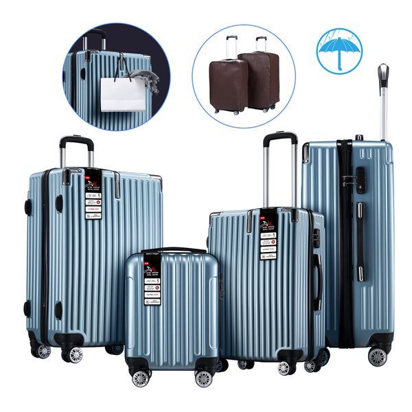 4 Piece Luggage Suitcase Set Carry On Traveller Bag Hard Shell Rolling Trolley Checked TSA Lock Front Hook Lightweight Ice Blue