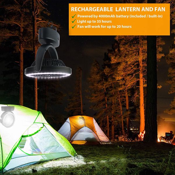 Camping Fan with LED Lights Rechargeable Battery Operated Portable Tent Fan with Retractable Hook for Camping Fishing Picnic