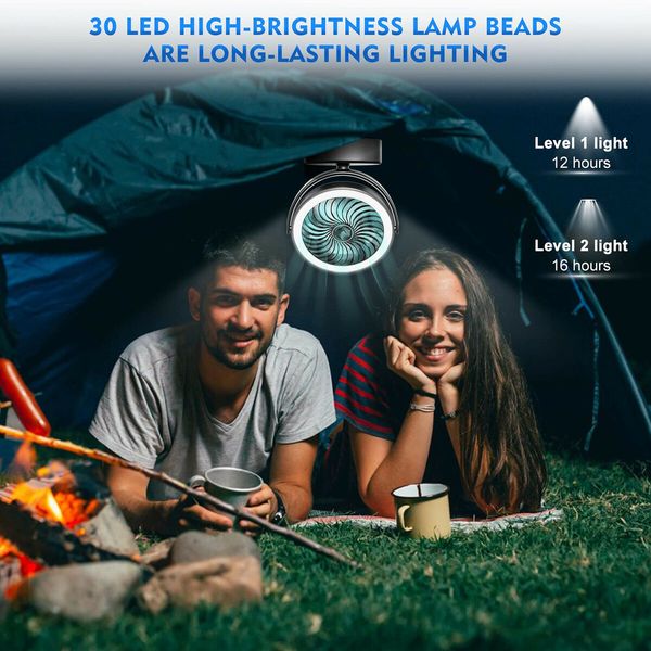 Camping Fan with LED Lights Rechargeable Battery Operated Portable Tent Fan with Retractable Hook for Camping Fishing Picnic