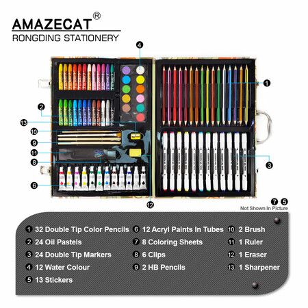 138pcs Crayons Oil Pastels Assorted Washable Marker Colored Pencils Art Painting  Wooden case Set Kids