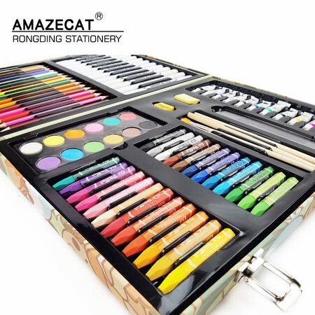 138pcs Crayons Oil Pastels Assorted Washable Marker Colored Pencils Art Painting  Wooden case Set Kids