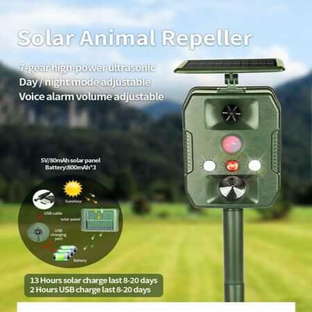 Solar Powered Bird Repeller Ultrasonic Motion Sensor Animal Repeller