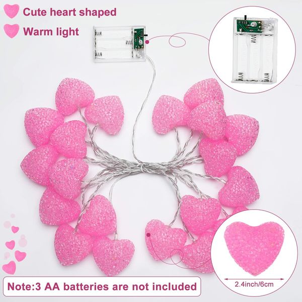 3M 20 LED Heart String Lights Valentines Day Heart Plastic Light Set Battery Operated Fairy String Lights for Valentines, Wedding, Christmas, Birthday Party Decor (Pink)