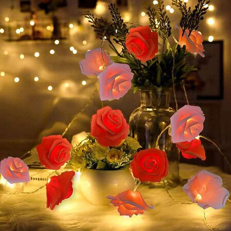 6M 40 LED Rose Lights Valentine Garland with Lights Battery Operated,  Red Rose Flower String Lights, Valentines Day Decorations