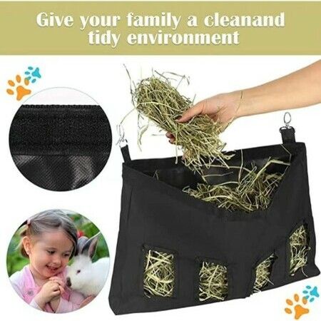 Rabbit hay Feeding Bag 4-Hole Design Guinea Pig hay Feeding Bag (Black)