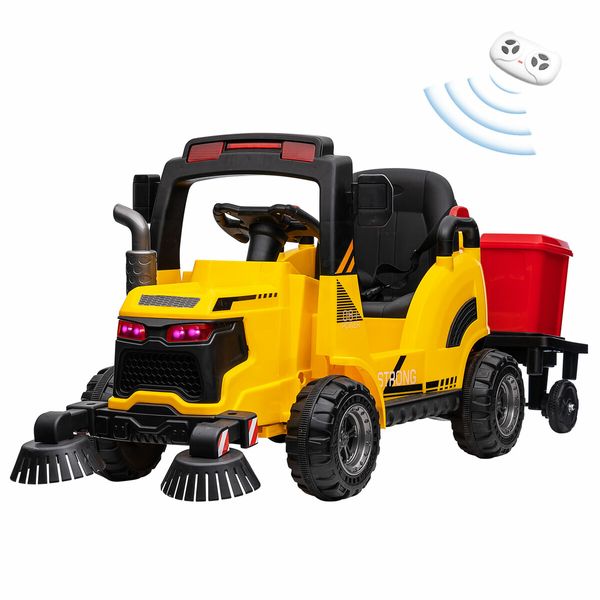 Kids Electric Car Ride on Remote Control Sweeper Toy Trailer Vehicle Tractor Off Road Riding with MP3 LED Lights