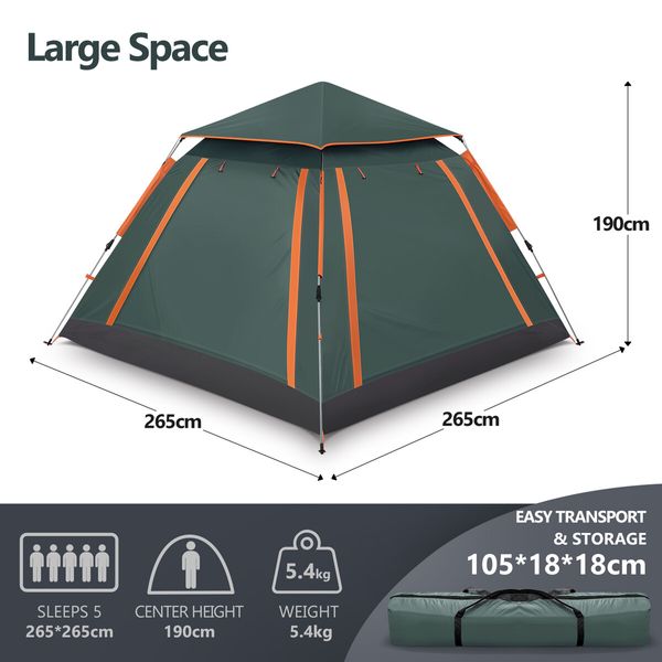 5 Man Tent Camping Pop Up Family Party Beach Instant Sun Shade Shelter Waterproof Outdoor 265x265x190cm Green