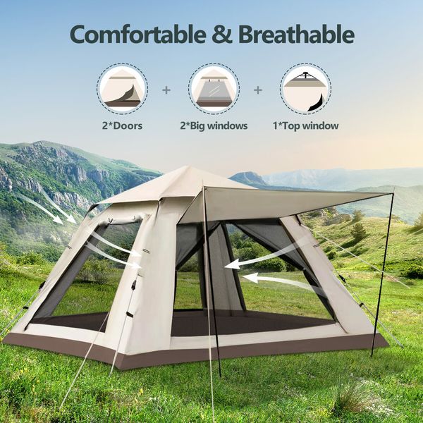 5 Person Camping Tent Pop Up Family Instant Party Beach Sun Shade Shelter Waterproof Outdoor Hiking Picnic 265x265x190cm Creamy White