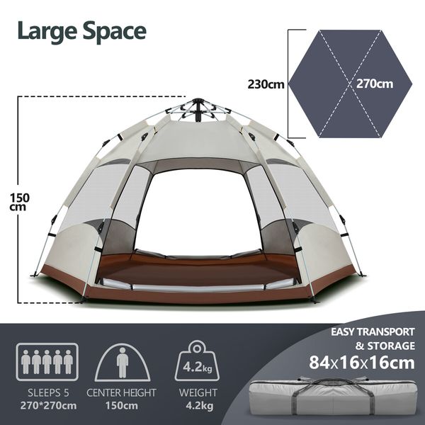 5 Person Pop Up Tent Beach Shelter Camping Instant Dome Family Shade Hiking Sun Rain Picnic Outdoor Waterproof 270x270x150cm Creamy white