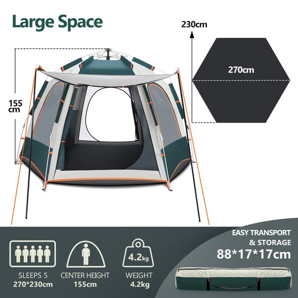 5 Person Camping Tent Instant Pop Up Beach Shelter Sun Shade Hiking Family Party Picnic Outdoor Waterproof 270x230x155cm Green White