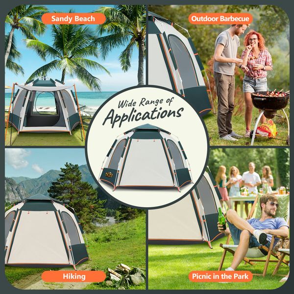 5 Person Camping Tent Instant Pop Up Beach Shelter Sun Shade Hiking Family Party Picnic Outdoor Waterproof 270x230x155cm Green White