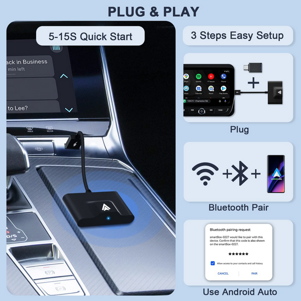 Android Auto Wireless Adapter for OEM Factory Wired Android Auto Cars Plug & Play Easy Setup AA Wireless Android Auto Dongle
