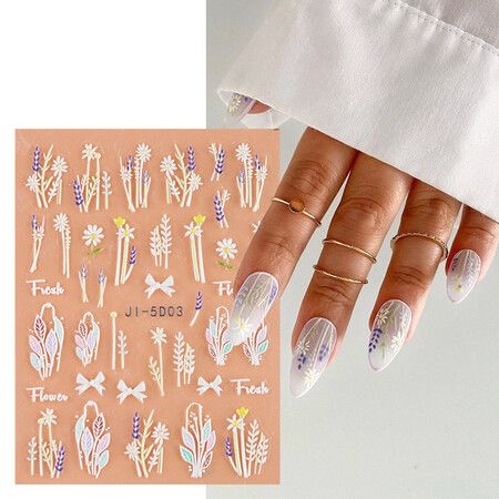 8pcs 5D Simple Flower Nail Decals Embossed Nail Art Supplies Elegant Wedding Design Adhesive Manicure