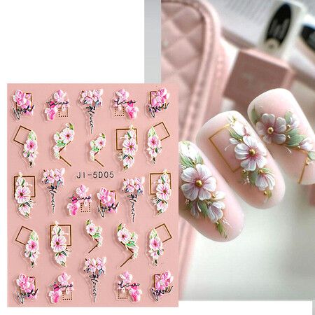 8pcs 5D Simple Flower Nail Decals Embossed Nail Art Supplies Elegant Wedding Design Adhesive Manicure