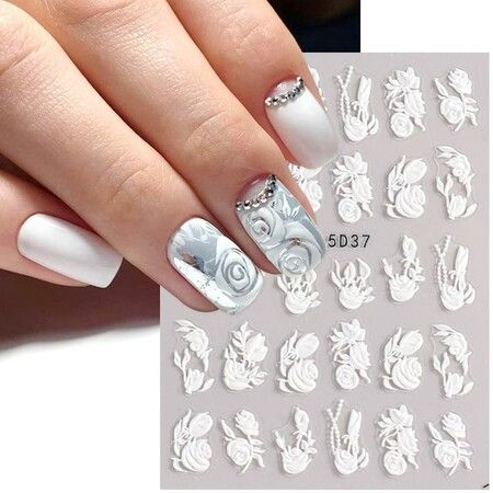 7pcs 5D Simple Flower Nail Decals Embossed Nail Art Supplies Elegant Wedding Design Adhesive Manicure