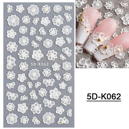 7pcs 5D Simple Flower Nail Decals Embossed Nail Art Supplies Elegant Wedding Design Adhesive Manicure