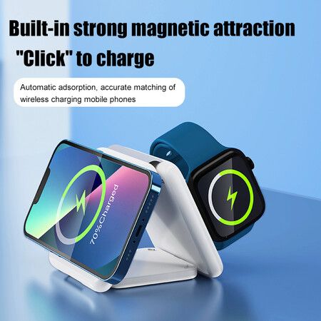 3in1 Magsafe Wireless Charger,Magnetic Foldable 3 in 1 Charging Station,Fast Wireless Charging Pad,Compatible with iPhone 14/Pro/Max/Plus/13/12 Series,AirPods iWatch