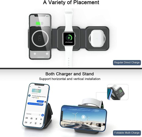 3in1 Magsafe Wireless Charger,Magnetic Foldable 3 in 1 Charging Station,Fast Wireless Charging Pad,Compatible with iPhone 14/Pro/Max/Plus/13/12 Series,AirPods iWatch