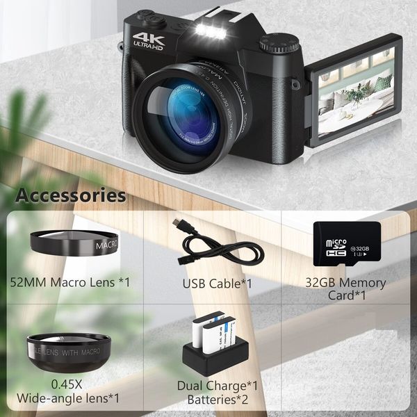 Digital Camera for Photography and Video 4K 48MP Vlogging Camera for YouTube with 180° Flip Screen,16X Digital Zoom,52mm Wide Angle & Macro Lens,32GB TF Card,2 Batteries (Black)