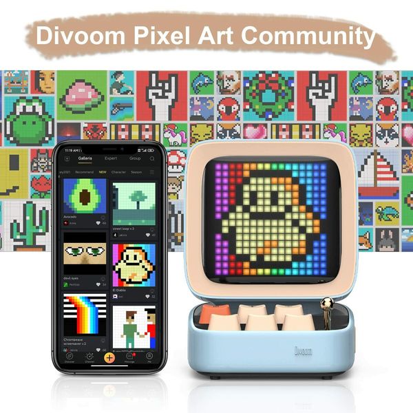 Divoom Ditoo Retro Pixel Art Game Bluetooth Speaker with 16X16 LED App Controlled Front Screen (Blue)