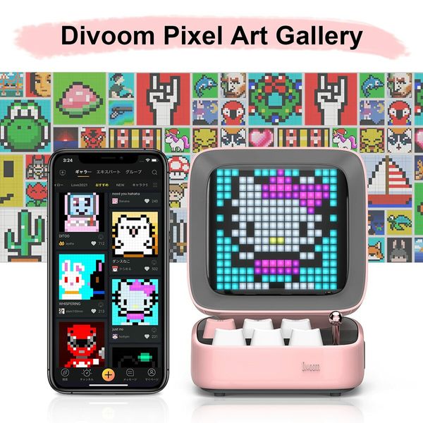 Divoom Ditoo Retro Pixel Art Game Bluetooth Speaker with 16X16 LED App Controlled Front Screen (Pink)