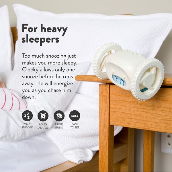 Run-Away Alarm Clock on Wheels (Authentic)Extra Loud for Heavy Sleeper Funny Rolling Jumping (White)