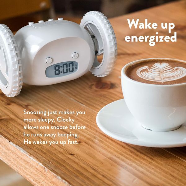 Run-Away Alarm Clock on Wheels (Authentic)Extra Loud for Heavy Sleeper Funny Rolling Jumping (White)