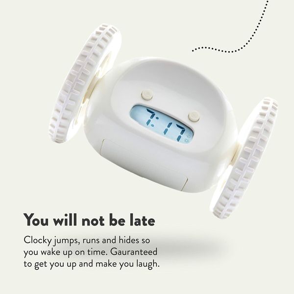 Run-Away Alarm Clock on Wheels (Authentic)Extra Loud for Heavy Sleeper Funny Rolling Jumping (White)