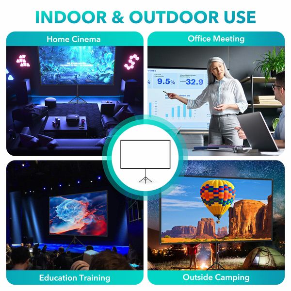 Projector Screen 4K 80-inch Tripod Stand Home Theatre Outdoor Cinema Camping Portable Backyard Movie HD 16:9