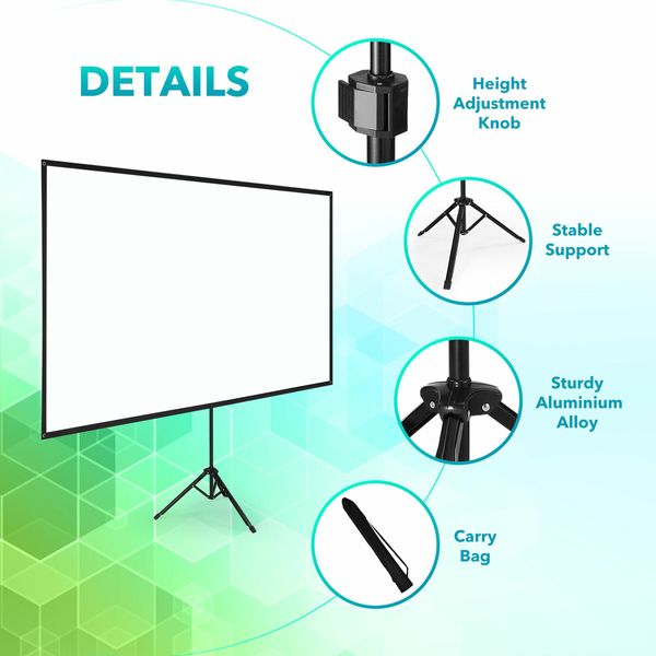 Projector Screen 4K 80-inch Tripod Stand Home Theatre Outdoor Cinema Camping Portable Backyard Movie HD 16:9