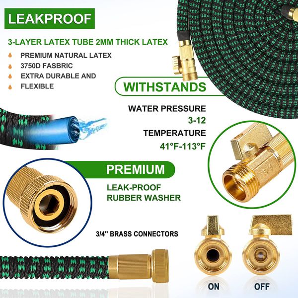 100ft Expandable Garden Hose with 10 Functions Nozzle and 3-Layers Latex Water Hose Leakproof Retractable Garden hose with Solid Fittings (Green)